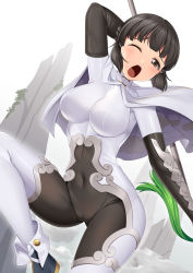  1girl arm_guards black_bodysuit bodysuit breasts brown_eyes brown_hair cameltoe cape commentary_request cosplay covered_navel fate/grand_order fate_(series) highres holding holding_spear holding_weapon kantai_collection large_breasts leg_up looking_at_viewer myoukou_(kancolle) myoukou_pose one_eye_closed open_mouth polearm qin_liangyu_(fate) qin_liangyu_(fate)_(cosplay) short_hair skin_tight solo spear weapon white_bodysuit white_cape yasume_yukito 