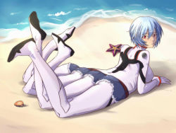  1girl arm_support ass ayanami_rei beach blue_hair looking_at_viewer looking_back lying multi_leg neon_genesis_evangelion ocean on_stomach plugsuit red_eyes short_hair shorts solo what  rating:Questionable score:12 user:namelessdude80