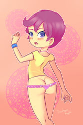  1girl ass blush choker drantyno from_behind hasbro loli looking_at_viewer my_little_pony my_little_pony:_equestria_girls my_little_pony:_friendship_is_magic open_mouth orange_background panties purple_eyes purple_hair purple_panties scootaloo shirt short_hair short_sleeves standing teeth underwear wristband yellow_shirt  rating:Questionable score:6 user:cpee