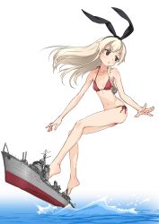  10s 1girl anchor_hair_ornament bare_legs bare_shoulders bikini blonde_hair breasts brown_eyes hair_ornament hair_ribbon kantai_collection long_hair mujuuryoku_kantai navel open_mouth red_eyes ribbon shimakaze_(destroyer) shimakaze_(kancolle) side-tie_bikini_bottom small_breasts solo surfing swimsuit water 