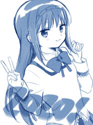  1girl 2020 akemi_homura blue_bow blue_bowtie blue_eyes blue_hairband blue_skirt blue_theme blush_stickers bow bowtie collared_shirt commentary_request cowboy_shot fingernails hairband high_collar highres juliet_sleeves lace lace-trimmed_shirt lace-trimmed_sleeves lace_trim long_hair long_sleeves looking_at_viewer mahou_shoujo_madoka_magica mahou_shoujo_madoka_magica_(anime) mitakihara_school_uniform no+bi= open_mouth pleated_skirt puffy_sleeves school_uniform shirt simple_background skirt smile solo straight_hair studded_hairband v very_long_hair white_background 