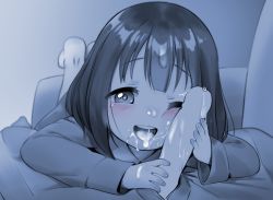  1boy 1girl age_difference akebi-chan_no_serafuku akebi_kao babu barefoot blue_theme blush cum cum_in_mouth cum_on_hair erection facial feet_up fellatio fingernails handjob happy_sex hetero legs_together loli looking_at_viewer lying monochrome on_stomach one_eye_closed open_mouth oral penis penis_on_face penis_over_one_eye pov pov_crotch short_hair smile solo_focus  rating:Explicit score:1498 user:danbooru