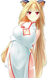  1girl blonde_hair breasts challengia china_dress chinese_clothes cleavage covered_navel davvworlds double_bun dress hair_ornament highres huge_breasts impossible_clothes kurchan long_hair nchans red_eyes simple_background sleeveless sleeveless_dress smile solo thighhighs white_dress  rating:Questionable score:11 user:Fab8304