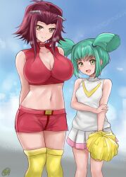  2girls ahoge artist_logo artist_name bare_shoulders blonde_hair blue_sky blush breasts cheerleader choker cleavage closed_mouth green_eyes green_hair hair_ornament hands_behind holding holding_own_arm holding_pom_poms izayoi_aki kneehighs large_breasts looking_at_viewer luca_(yu-gi-oh!) luca_(yu-gi-oh!_5d&#039;s) midriff multiple_girls navel nervous open_clothes open_mouth pixiv pom_pom_(cheerleading) pom_poms r-binon red_hair shirt short_hair short_shorts short_twintails shorts sidelocks skirt sky sleeveless sleeveless_shirt small_breasts smile socks sportswear steam thighhighs twintails uniform yellow_eyes yu-gi-oh! yu-gi-oh!_5d&#039;s 