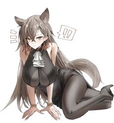  ! !! 1girl alternate_costume animal_ears arknights arm_support ascot black_dress black_footwear black_pantyhose breasts cleavage closed_mouth commentary_request dress extra_ears high_heels highres horn/wood large_breasts long_hair looking_at_viewer mole mole_above_eye pantyhose penance_(arknights) see-through see-through_cleavage simple_background sleeveless sleeveless_dress smile solo spoken_exclamation_mark tail white_ascot white_background wolf_ears wolf_girl wolf_tail yellow_eyes 