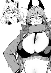  1girl amano_don between_breasts blush breasts chest_harness cleavage closed_eyes commentary crop_top cropped_torso dirty dirty_face glaring goddess_of_victory:_nikke greyscale grin hair_over_one_eye harness horns jacket large_breasts long_hair looking_at_viewer mechanical_horns monochrome multiple_views navel open_clothes open_jacket open_mouth red_hood_(nikke) romaji_commentary sanpaku scarf simple_background smile strap_between_breasts suspenders teeth translated upper_body weapon weapon_on_back white_background zipper 