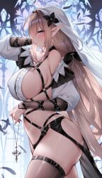 1girl arm_belt arm_up bare_shoulders belt black_belt black_flower black_panties black_thighhighs blush breasts chest_harness closed_mouth commentary_request covered_erect_nipples crop_top cross cross_necklace detached_sleeves elf flower frills from_side groin hair_flower hair_intakes hair_ornament harness highres holding holding_jewelry holding_necklace jewelry large_breasts light_brown_hair long_hair looking_at_viewer low_twintails navel necklace nun original paid_reward_available panties pelvic_curtain pointy_ears profile purple_eyes revealing_clothes sideboob sidelocks sideways_glance skindentation smile solo sora_72-iro stomach thigh_belt thigh_strap thighhighs thighs twintails underwear veil very_long_hair white_headwear white_sleeves wrist_belt rating:Sensitive score:37 user:danbooru