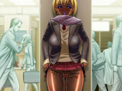  blonde_hair blush body_writing bottomless breasts clothes_lift cum earrings exhibitionism ganguro jewelry large_breasts makeup no_panties public_indecency pussy_juice scarf short_hair skirt skirt_lift  rating:Explicit score:87 user:theakizo