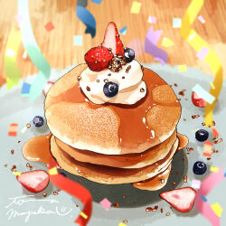 blueberry confetti food food_focus fruit highres maple_syrup no_humans original pancake pancake_stack plate strawberry tomma_mayuka wooden_floor 