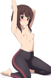 1girl absurdres alternate_costume arm_behind_head arm_up barefoot black_pants blunt_bangs blush breasts brown_hair closed_mouth collarbone commentary highres kneeling kono_subarashii_sekai_ni_shukufuku_wo! legs looking_at_viewer megumin navel nipples paid_reward_available pants red_eyes short_hair_with_long_locks simple_background small_breasts solo sportswear stretching toes topless white_background yisusjpl yoga_pants  rating:Questionable score:189 user:danbooru