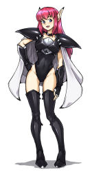  1girl armor black_footwear black_gloves boots breastplate breasts cape covered_navel fal_(phantasy_star) fang fingerless_gloves full_body gloves highres igalimax long_hair medium_breasts pauldrons phantasy_star phantasy_star_iv pink_hair pointy_ears sega shadow shoulder_armor simple_background smile solo thigh_boots white_background white_cape 