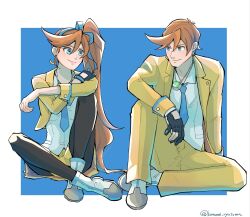  1boy 1girl ace_attorney arm_on_knee athena_cykes black_gloves black_pantyhose blue_eyes blue_hairband blue_necktie blue_ribbon collared_shirt crescent crescent_earrings crossed_arms dual_persona earrings full_body genderswap genderswap_(ftm) gloves hairband highres jacket jewelry kuranne long_hair looking_at_another necklace necktie open_clothes open_jacket orange_hair pants pantyhose phoenix_wright:_ace_attorney_-_dual_destinies ribbon shirt side_ponytail single_earring single_glove sitting skirt time_paradox twitter_username white_footwear white_shirt yellow_jacket yellow_pants yellow_skirt 