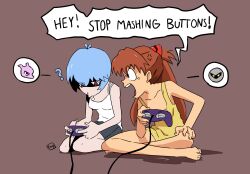  ! 2girls :&gt; ? ayanami_rei bare_legs barefoot blue_eyes blue_hair breasts brown_hair casual chimeraenvy controller creatures_(company) crossed_legs crossover disgust english_text expressionless game_controller game_freak gameplay_mechanics gen_1_pokemon highres legendary_pokemon long_hair looking_at_another meta_knight mewtwo multiple_girls neon_genesis_evangelion nintendo playing_games pokemon pokemon_(creature) red_eyes shaded_face shirt short_hair simple_background souryuu_asuka_langley standing super_smash_bros. thinking white_shirt wide_hips 