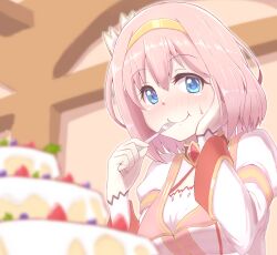  1girl absurdres blue_eyes breasts cake eating food fork gold_hairband hairband hand_on_own_cheek hand_on_own_face highres holding holding_fork indoors large_breasts pink_hair princess_connect! short_hair yui_(princess_connect!) yuu_yuu_yuu_yuu_(yuufuoo) 