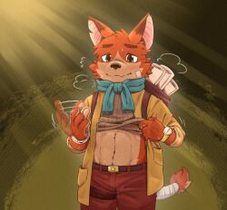  1boy abs animal_ears bandaged_arm bandaged_tail bandages bandaid bandaid_on_face belt betsuto_39 blue_scarf blush brown_belt brown_eyes brown_pants brown_shirt carrying_bag clothes_lift commentary english_commentary fang fanning_self flitt_(rotwood) flying_sweatdrops fox_boy fox_ears fox_tail furry furry_male highres light_rays male_focus notched_ear pants rolled_up_paper rotwood scarf shirt shirt_lift skin_fang tail toned toned_male two-tone_fur watch wristwatch 