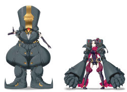  black_hair charles_babbage_(fate) clenched_hands covered_navel fate/grand_order fate_(series) index_finger_raised katou_danzou_(fate) kurobuchi_kintobi mecha oversized_limbs ponytail red_eyes robot scarf yellow_eyes 