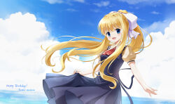 105961 1girl 2023 :d absurdres air_(visual_novel) artist_name black_dress blonde_hair blue_eyes blue_sky blush character_name chinese_commentary cloud commentary cowboy_shot cross cross_ornament dated day dress english_commentary eyelashes floating_hair hair_between_eyes hair_intakes hair_ribbon happy happy_birthday highres kamio_misuzu long_hair looking_at_viewer mixed-language_commentary necktie open_mouth outdoors outstretched_arm ponytail puffy_short_sleeves puffy_sleeves red_necktie ribbon school_uniform shirt short_necktie short_sleeves sidelocks skirt_hold sky sleeveless sleeveless_dress smile solo very_long_hair white_ribbon wind yellow_shirt