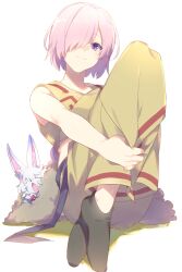  1girl bare_shoulders breasts dress echo_(circa) fate/grand_order fate_(series) fou_(fate) hair_over_one_eye knees_up large_breasts looking_at_viewer mash_kyrielight purple_eyes purple_hair short_hair smile socks thighs yellow_dress  rating:General score:5 user:danbooru