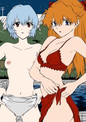  ayanami_rei bikini blue_eyes blue_hair breasts breasts_out eywy4324 highres looking_at_viewer neon_genesis_evangelion nipples one-piece_swimsuit orange_hair pool red_eyes sarong souryuu_asuka_langley swimsuit undressing  rating:Questionable score:24 user:AoiLegend
