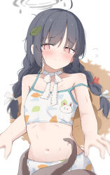 1girl @_@ bikini black_hair blue_archive blush braid closed_mouth flat_chest flying_sweatdrops hair_ribbon halo hat hat_on_back highres leaf leaf_print long_hair miyu_(blue_archive) miyu_(swimsuit)_(blue_archive) off_shoulder red_eyes ribbon simple_background solo sweat swimsuit tentacles twin_braids white_background white_ribbon yuukun_mk-ii rating:Sensitive score:15 user:danbooru