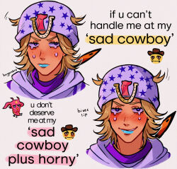  1boy blonde_hair blue_eyes blue_lips blush commentary crying crying_with_eyes_open emoji english_commentary feathers hat highres horseshoe huyandere johnny_joestar jojo_no_kimyou_na_bouken male_focus smile stand_(jojo) star_(symbol) star_print steel_ball_run tears tusk_(stand) tusk_act1 white_hat 