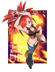  1girl arms_up bare_arms character_name cheesecakes_by_lynx collarbone creatures_(company) flannery_(pokemon) full_body game_freak grin highres holding holding_poke_ball looking_at_viewer midriff navel nintendo one_eye_closed poke_ball poke_ball_(basic) pokemon pokemon_oras red_eyes red_hair shirt smile stretching tied_shirt wide_hips wink 