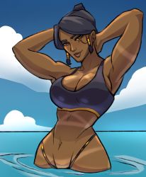  armpits dark_skin female_focus highres overwatch pharah_(overwatch) slimystaff swimsuit tan tanline  rating:Sensitive score:31 user:slimystaff
