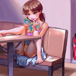 1girl bar_(place) barefoot blush book brown_hair brown_theme candy cleft_of_venus feet food gekkou_(geccomajin) indoors leg_up loli lollipop looking_at_viewer mouth_hold no_panties open_book panties parted_bangs pleated_skirt short_hair sitting skirt smile solo table tank_top third-party_edit toes uncensored underwear unworn_panties rating:Explicit score:459 user:bobfan