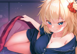 1girl akai_haato aqua_eyes blanket blonde_hair blush breasts cleavage closed_mouth collarbone commentary_request hair_ornament heart heart_hair_ornament highres hololive large_breasts long_hair looking_at_viewer lying magowasabi nail_polish off_shoulder on_side one_side_up pajamas short_sleeves signature single_bare_shoulder smile solo thigh_gap twitter_username under_covers virtual_youtuber rating:Sensitive score:55 user:danbooru