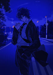  1boy absurdres blue_eyes blue_hair blue_theme cigarette closed_mouth cloud collared_shirt commentary formal from_side hand_in_pocket highres holding holding_cigarette jacket kaito_(vocaloid) kazenemuri lamppost looking_at_viewer male_focus necktie night night_sky open_clothes open_jacket outdoors road road_sign serious shirt short_hair sign sky smoke solo standing suit vocaloid 