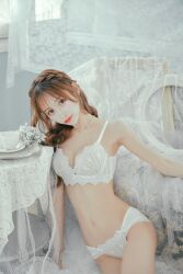  1girl bra breasts cleavage highres medium_breasts panties photo_(medium) tea_cup underwear uranishi_hikaru white_bra white_panties 
