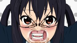  00s 1girl bdsm black_hair blush brown_eyes drooling female_focus gingiva k-on! long_hair nakano_azusa nose_hair nose_hook open_mouth pov saliva school_uniform snot solo tears teeth twintails what white_background  rating:Questionable score:39 user:danbooru