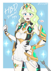  absurdres blush breasts cleavage cosplay diana_cavendish diooksan happy_birthday highres little_witch_academia mythra_(xenoblade)_(cosplay) oksandio speech_bubble tagme watermark  rating:Sensitive score:17 user:DedeLala