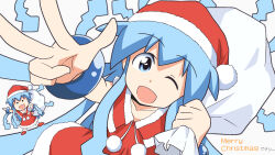  2girls :d ;d blue_eyes blue_hair bracelet christmas commentary_request dress english_text enoya-eno highres holding holding_sack ikamusume jewelry long_hair looking_at_viewer merry_christmas mini-ikamusume multiple_girls one_eye_closed one_side_up open_mouth over_shoulder red_dress red_footwear red_headwear sack shinryaku!_ikamusume short_dress sleeveless sleeveless_dress smile solid_circle_eyes tentacle_hair w white_background 