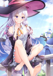 1girl :q absurdres bare_legs bare_shoulders barefoot between_legs black_cloak black_skirt blue_sky blush bow braid breasts cloak closed_mouth convenient_leg elaina_(majo_no_tabitabi) feet finger_to_mouth flower foreshortening frilled_skirt frills full_body hand_between_legs hat highres indian_style lancheu light_purple_hair light_rays long_hair long_sleeves lotus low_ponytail majo_no_tabitabi neck_ribbon off_shoulder pink_bow purple_eyes ribbon shirt side_braid silver_hair sitting skirt sky sleeveless sleeveless_shirt smile soles solo sunbeam sunlight toes tongue tongue_out white_shirt witch_hat yellow_ribbon rating:Sensitive score:61 user:danbooru