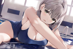 1girl bare_shoulders blue_one-piece_swimsuit blush breasts cleavage competition_school_swimsuit fang green_eyes grey_hair hair_behind_ear hair_over_shoulder highres hololive indoors large_breasts looking_at_viewer medium_hair mole mole_on_breast niii_(memstapak) one-piece_swimsuit open_mouth pool pool_ladder school_swimsuit shirogane_noel skindentation solo stretching swimsuit thighs tile_floor tiles virtual_youtuber water wet rating:Sensitive score:132 user:danbooru