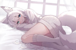 1girl animal_ear_fluff animal_ears blue_eyes breasts cleavage closed_mouth commission curtains dress fox_ears fox_girl fox_tail green_eyes grey_hair heterochromia highres light_smile long_hair long_sleeves looking_at_viewer lying medium_breasts on_bed on_side sawara_(starligtvision) skeb_commission socks sweater sweater_dress tail very_long_hair vrchat white_hair white_socks window 