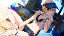  1girl badge bikini bikini_under_clothes blonde_hair blue_bikini bracelet breasts button_badge commentary_request flip-flops front-tie_bikini_top front-tie_top game_cg highres idolmaster idolmaster_shiny_colors jewelry medium_breasts necklace official_art purple_eyes ring ring_necklace saijo_juri sandals shirt short_hair shorts solo swimsuit tomari_(veryberry00) visor_cap white_shirt 