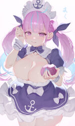  1girl absurdres ahoge anchor_symbol blue_bow blue_dress blue_hair blue_nails blush bow breasts cleavage commentary_request dress drill_hair food frilled_dress frills hair_bow highres holding holding_food holding_spring_onion holding_vegetable hololive kanon_(sinto) large_breasts looking_at_viewer maid maid_headdress minato_aqua minato_aqua_(1st_costume) multicolored_hair nail_polish onion pink_hair purple_eyes solo spring_onion twin_drills two-tone_hair vegetable virtual_youtuber white_headdress white_wrist_cuffs wrist_cuffs 
