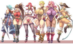  6+girls ass bare_shoulders blonde_hair blue_hair breasts brown_hair curvy final_fuck full_body huge_breasts large_breasts long_hair middle_finger multiple_girls muscular nipples pink_hair ponytail red_hair see-through short_hair signal-green silver_hair standing underboob wide_hips 
