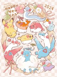  2024 :3 :d :o altaria artist_name black_eyes blush bright_pupils brown_background camellia checkered_background commentary commentary_request creatures_(company) dratini english_commentary flower food food_on_head fruit fruit_on_head game_freak gen_1_pokemon gen_3_pokemon gen_6_pokemon gen_8_pokemon goomy happy_new_year highres latias latios leaf legendary_pokemon looking_at_viewer mandarin_orange mixed-language_commentary new_year nintendo no_humans object_on_head open_mouth pikachu pink_ribbon poke_ball poke_ball_(basic) pokemon pokemon_(creature) red_flower ribbon rope shimekazari simple_background smile snom solid_circle_eyes sparkle tatsugiri tatsugiri_(curly) tatsugiri_(droopy) tatsugiri_(stretchy) temariame14 twitter_username white_flower white_pupils 