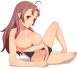  10s 1girl ahoge barefoot bikini black_bikini blush braid breast_hold breasts brown_eyes brown_hair covering_privates covering_breasts large_breasts long_hair looking_at_viewer navel nipples sasori_koromo simple_background smile solo swimsuit tenchisouha untied_bikini white_background wizard_barristers:_benmashi_cecil 