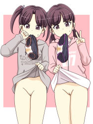  2girls black_panties blush bottomless cleft_of_venus closed_mouth clothes_lift exhibitionism feet_out_of_frame female_focus flashing flat_chest highres hood hood_down hoodie hseln lifting_own_clothes loli mouth_hold multiple_girls panties pee_stain polka_dot polka_dot_panties public_indecency pussy shirt_lift stained_panties standing sweatdrop sweater swept_bangs twintails underwear unworn_panties v 