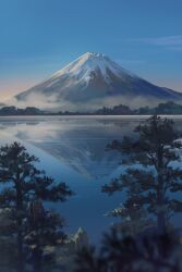  blue_sky blurry blurry_foreground commentary_request day highres lake landscape mount_fuji mountain nature no_humans original outdoors reflection reflective_water scenery sky tree water zbntime  rating:General score:4 user:danbooru