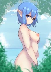  1girl blue_eyes blue_hair blurry blurry_foreground breasts closed_mouth cloud cloudy_sky convenient_censoring cowboy_shot day elf grass lake large_areolae medium_breasts nipples original outdoors pointy_ears pussy pussy_peek rokuren669 short_hair sky solo standing  rating:Explicit score:10 user:danbooru