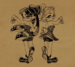  2girls ankle_boots backless_outfit bike_shorts black_hair blush boots bow brown_background callie_(splatoon) cousins detached_collar dress earrings eyelashes from_behind gloves hair_bow inkling jewelry marie_(splatoon) multiple_girls nicoharico nintendo pointy_ears romper sepia_background short_dress splatoon_(series) splatoon_1 tentacle_hair 
