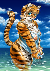  1girl animal_ears aqua_eyes bottomless breasts cleavage cloud day female_focus furry furry_female glasses highres large_breasts muscular ocean outdoors see-through short_hair sky solo tail takayuki_aoi_(artist) tank_top tiger tiger_ears tiger_tail water wet  rating:Questionable score:47 user:i_am_gundam