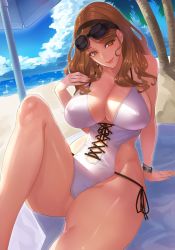 1girl bare_hips beach bead_bracelet beads bracelet breasts brown_eyes brown_hair cleavage cloud damegane day earrings head_tilt highres jewelry large_breasts long_hair looking_at_viewer mylu00e9ne_(damegane) ocean one-piece_swimsuit original palm_tree sitting smile solo stud_earrings swimsuit thick_thighs thighs tree tropical umbrella white_one-piece_swimsuit rating:Questionable score:70 user:danbooru