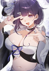  1girl absurdres azur_lane bikini black_hair breasts cleavage commentary_request detached_sleeves finger_frame fingernails hair_ornament highres large_breasts liverpool_(azur_lane) looking_at_viewer maid maid_bikini midriff nail_polish navel open_mouth purple_nails shibuya_(kurokamishain) short_hair smile solo sweat swimsuit unconventional_maid upper_body wide_sleeves 
