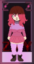 bete_noire boots breasts brown_hair glitchtale highres large_breasts pink_eyes pink_hair red_skirt skirt smile undertale